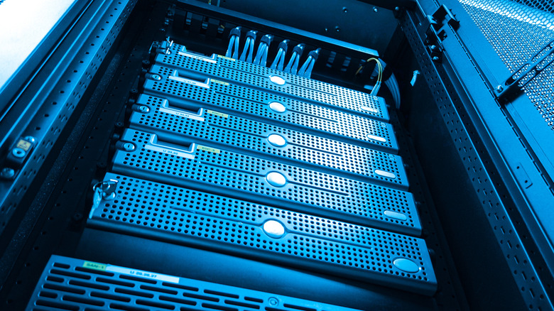 A server rack in a data storage facility.