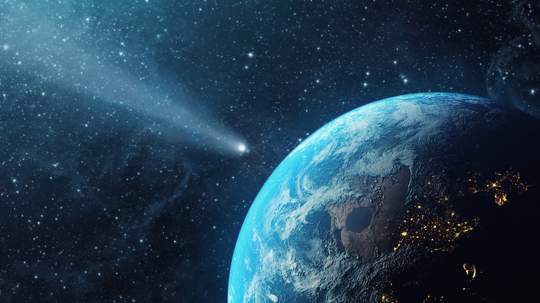 a comet passing by Earth in space