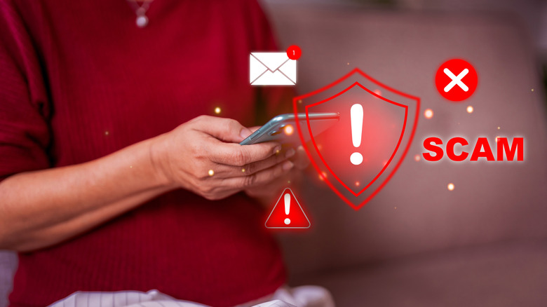 Someone looking at a phone screen with scam warnings visible.