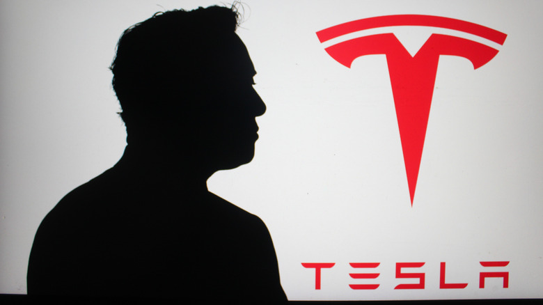 Elon Musk's silhouette visible against the Tesla company logo.