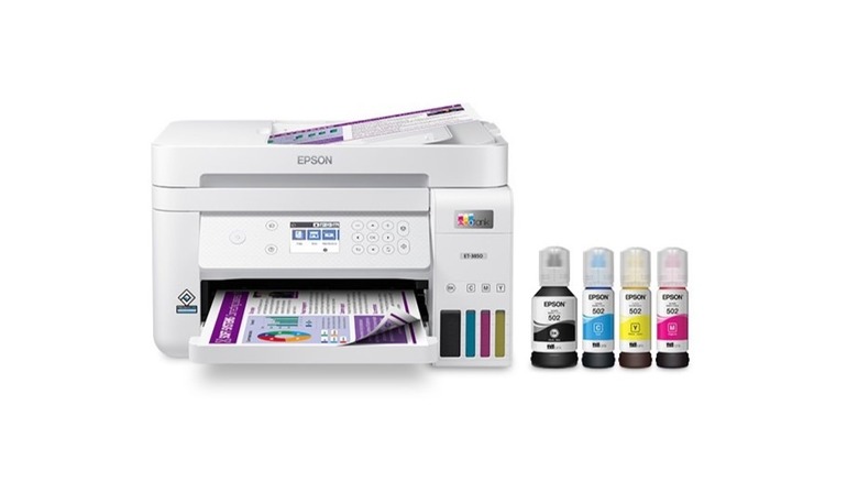 The Epson EcoTank ET-3850 with ink refills nearby, on a white background.