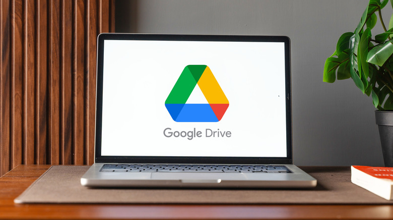 Google Drive logo open on a laptop screen, plant and book to the side