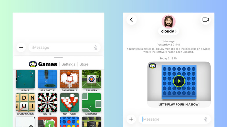 iPhone Messages showing GamePigeon game selection and as text message
