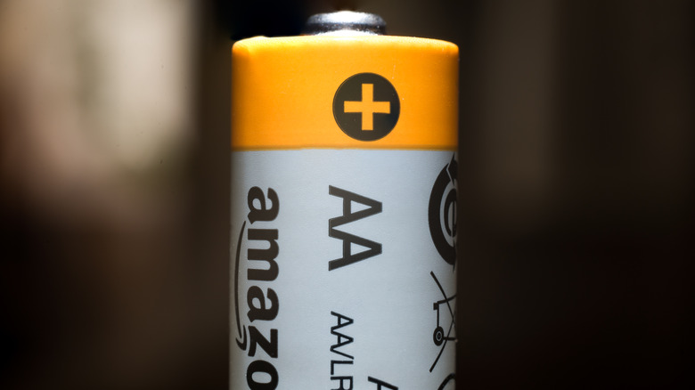 A close-up of an Amazon Basics battery.