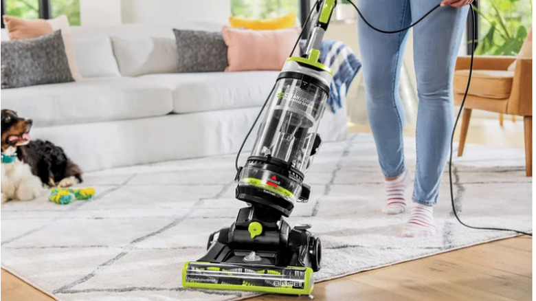Bissell Pet Vacuum being used to clean up a rug with a dog nearby