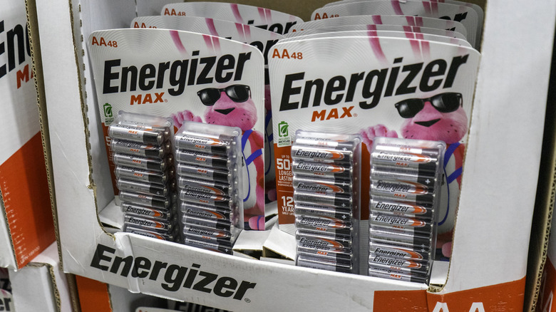 48-count packages of AA Energizer Max alkaline batteries sitting in a wholesale club display.