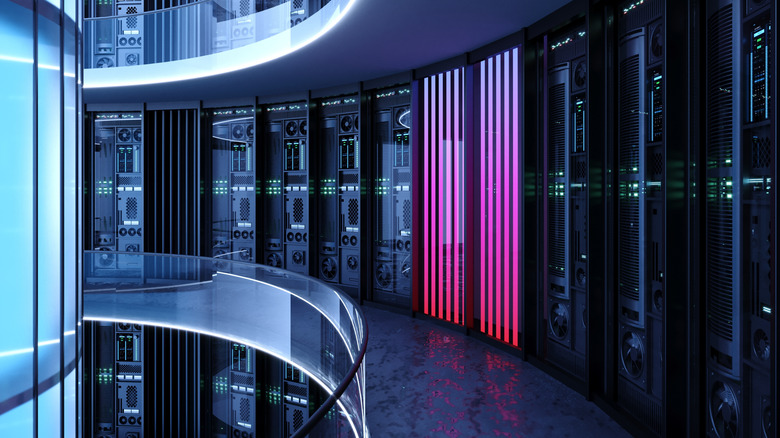 A dark, futuristic AI data center with multiple servers lined up in a circular formation