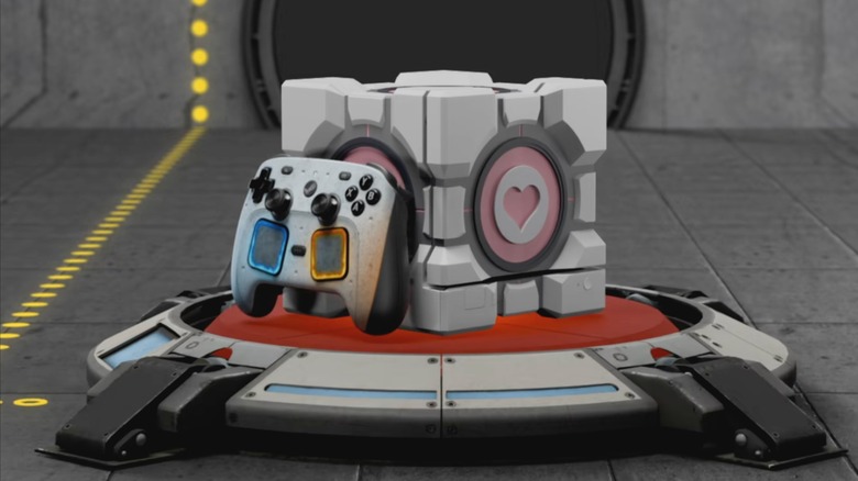 A mockup of the Dbrand Companion Cube case for the Steam Machine, the image shows the Steam Machine sitting on a stand within the new case, a controller with the exclusive skin sits next to the device