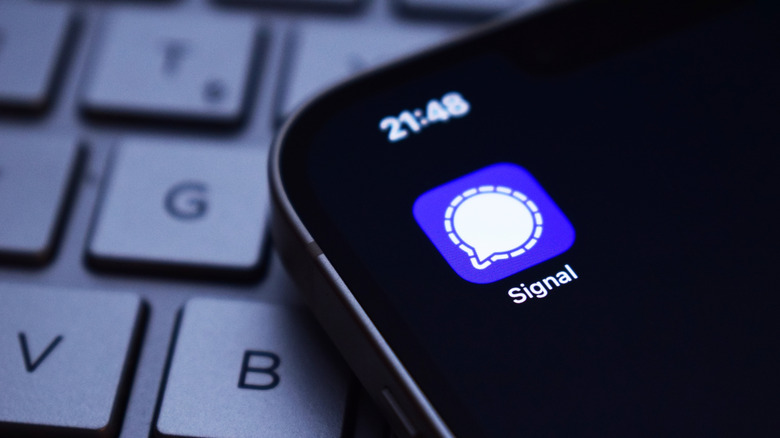 Signal messaging app showing on an iPhone screen, with the phone resting on a keyboard