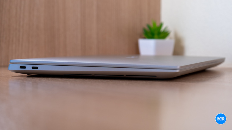 Left side of the Dell 14 Premium closed on a desk
