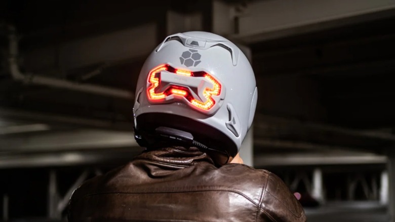 A rear shot of a Brake Free light attacked to a motorcycle helmet