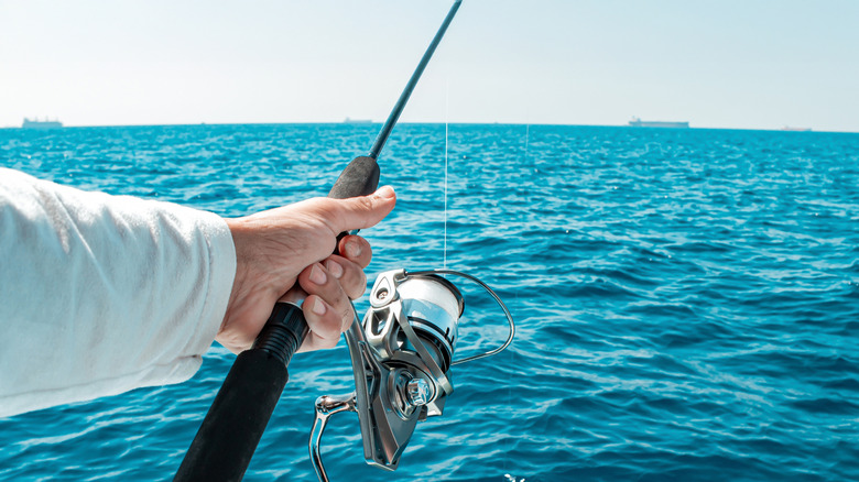 A person fishing with an open reel and pole in a large body of water