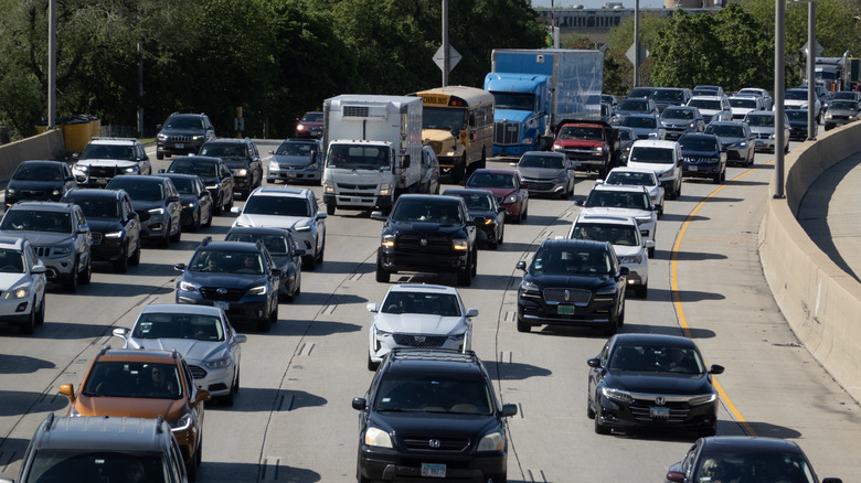Cars on a busy highway.