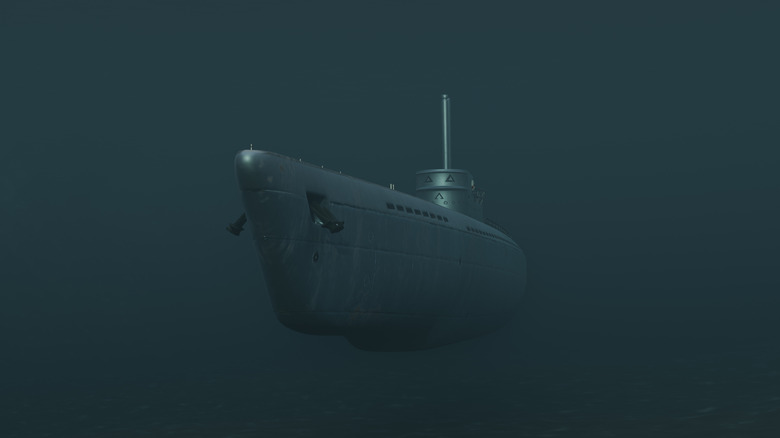 Close up rendering of a submarine sailing deep under the surface.
