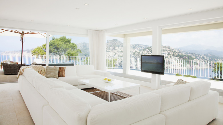 A TV in a bright outdoor room