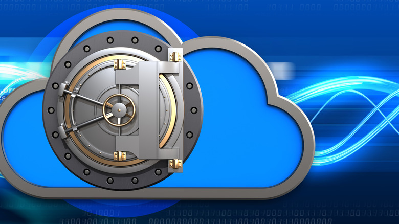 A 3D illustration of a cloud with a vault door.