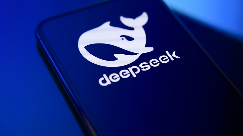 Logo of DeepSeek displayed on a smartphone screen with a blue abstract background.