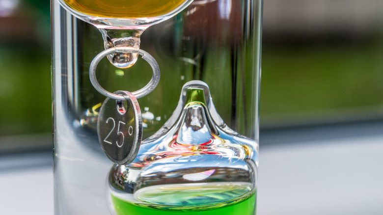 Close up of a Galileo thermometer measurement