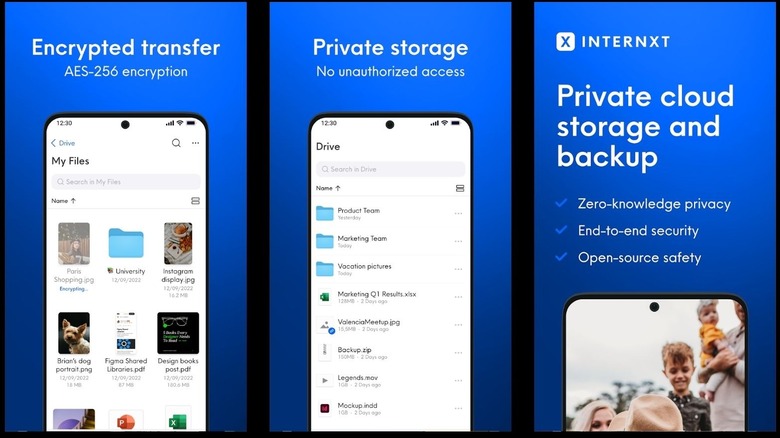 Internxt cloud storage app highlighting encryption, privacy, and backup features.