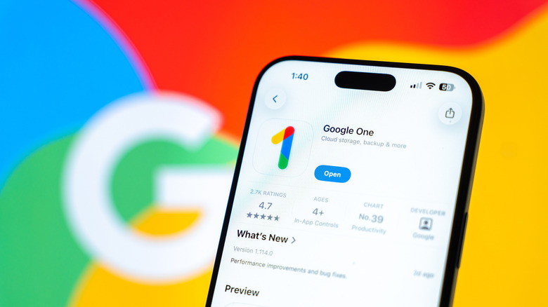 Google One app page in app store open on an iPhone