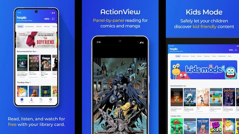 Hoopla app screens showing media catalog, comic panel reading mode, and kids content section.