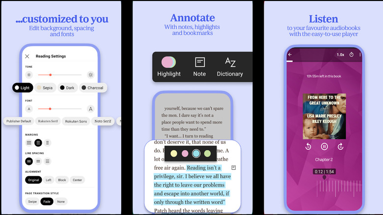 Kobo reading app screens showing customization settings, text annotation tools, and audiobook player.