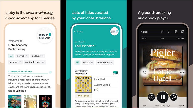 Libby app screens showing library browsing, curated book lists, and audiobook player interface.