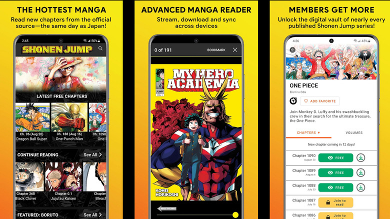 Shonen Jump app screens showing manga catalog, chapter reader, and series details page.