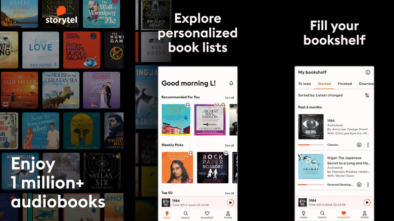 Storytel app screens showing audiobook catalog, personalized recommendations, and digital bookshelf.