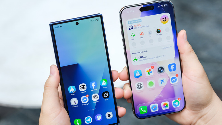 The Galaxy Z Fold 7 next to the iPhone 16 Pro Max.