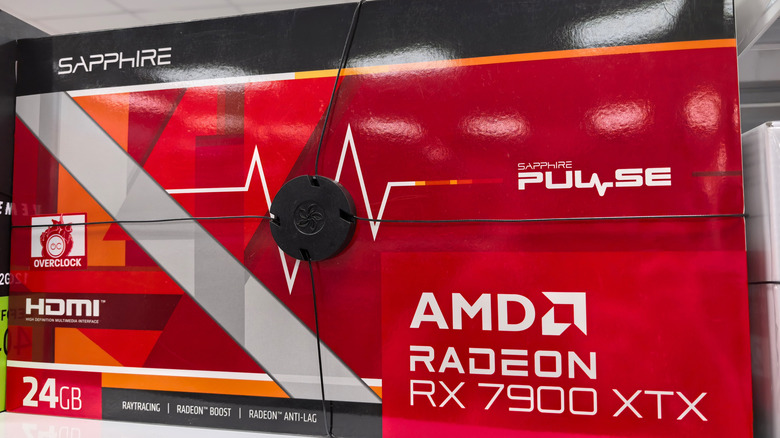 An AMD graphics card on a store shelf.