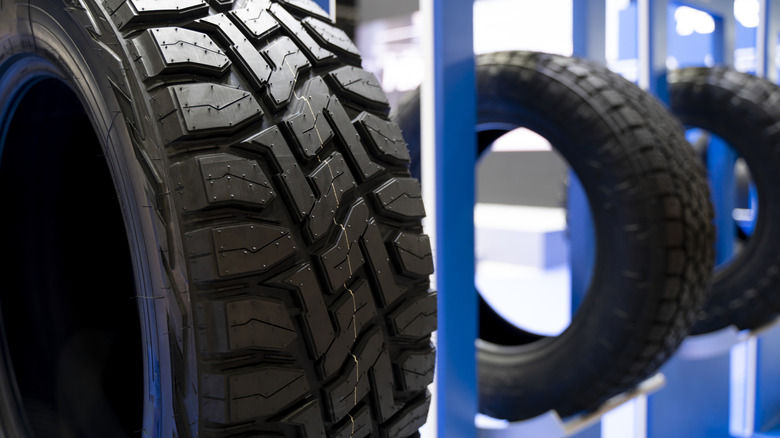Close up of winter profile treads on a tire.