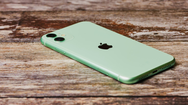 The iPhone 11 on a woodent table.