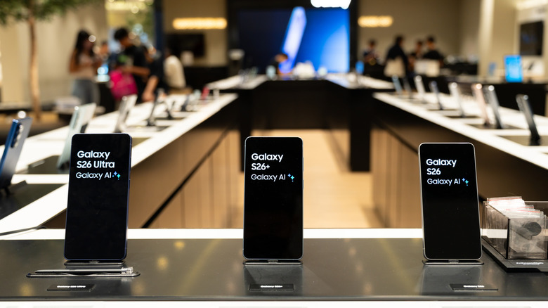 The Galaxy S26 phones on display in a store.