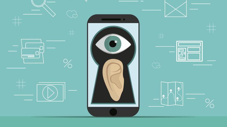 An illustration of smartphone with a lock, eye, ear in the phone surrounded by icons