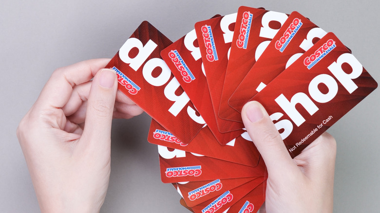 A pair of hands holding several Costco Shop Cards