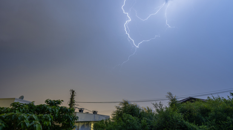 A powerful lightning strike visible in the sky above houses and trees.