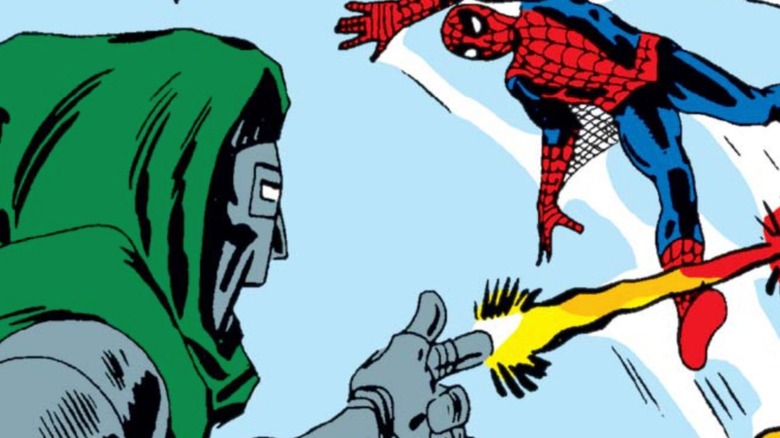 Doctor Doom firing his finger blaster at Spider-Man
