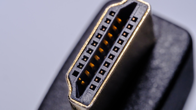 A closeup image of the head of an HDMI cable.