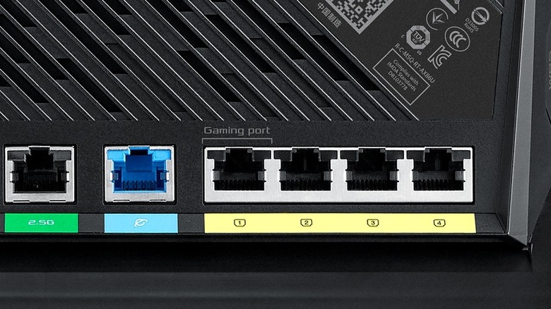 Close-up of Ethernet ports on the back of Asus RT-AX86U
