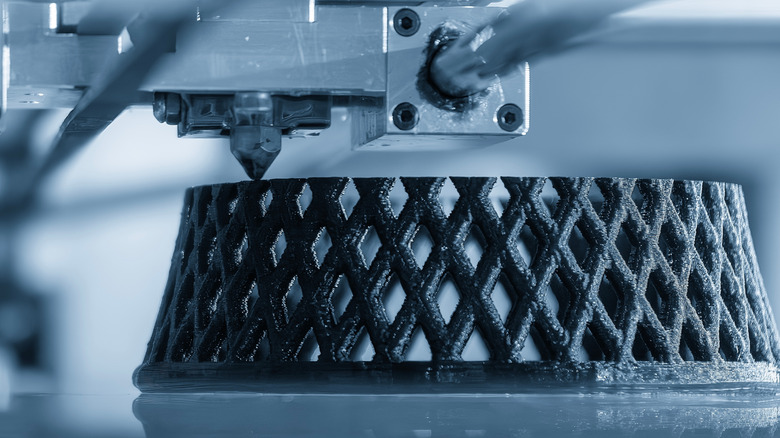 Close up of a 3D printer printing a complex shape