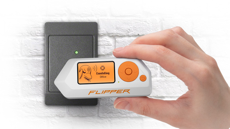A Flipper Zero being used as a wireless NFC key.