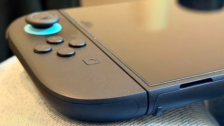 An up-close shot of a Nintendo Switch 2 with a screen protector on it