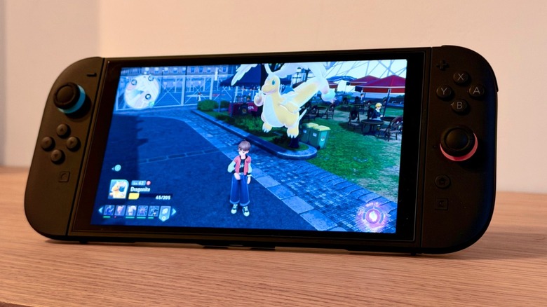 A Nintendo Switch 2 in tabletop mode with Pokémon Legends: Z-A on the display