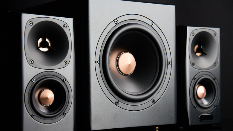A 2.0 speaker setup with two bookshelf speakers and a subwoofer.