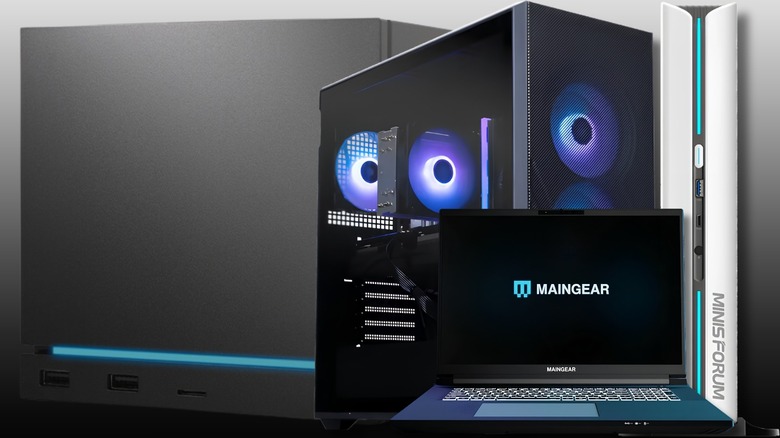 A Steam Machine behind a MainGear Ultima 18 | RTX 5080, Minisforum AtomMan G1 Pro and RDY Scale R04 on a black to white gradient background