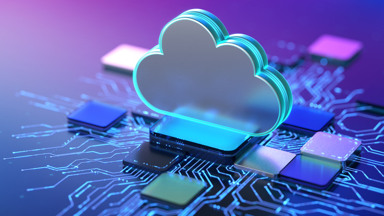 A blue translucent cloud icon over a circuit board