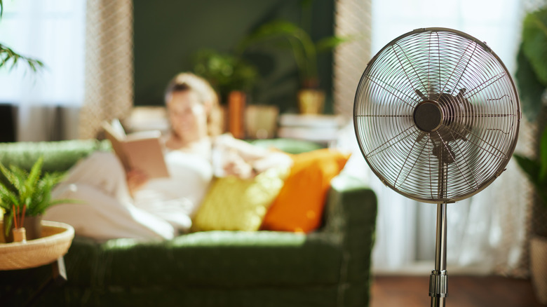 A woman reads a book on a sofa as an electric fan blows air around the room.
