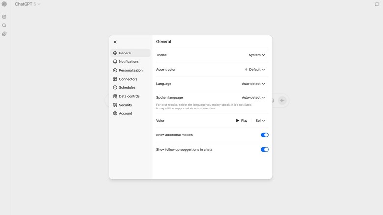 Screenshot of the ChatGPT Settings menu.