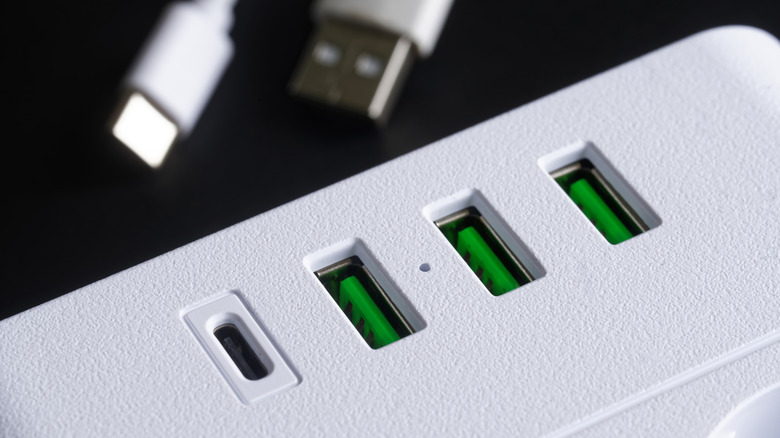 USB hub up close with various types of USB ports.